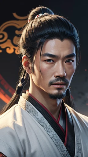oriental、ancient chinese man wearing white clothes、ancient chinese hairstyle men、three kingdom、multiple warlords、highest quality、masterpiece、ultra high resolution、(realistic:1.4)、game poster、Clear and beautiful image quality、solo