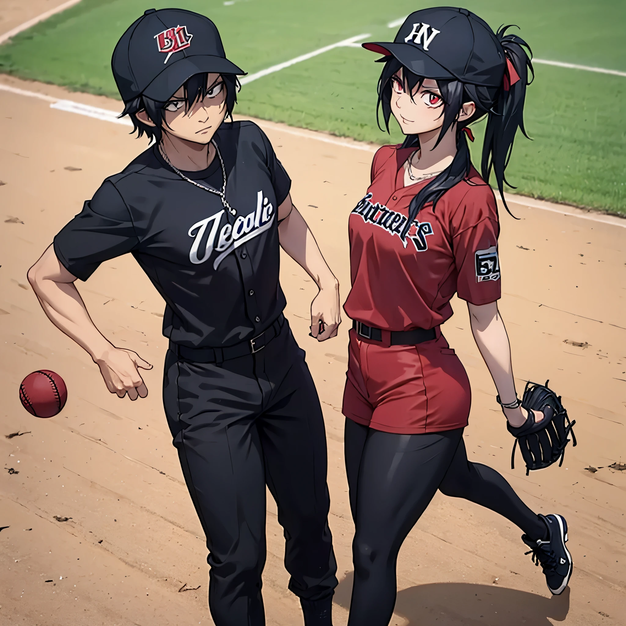 A man in a black baseball outfit together with a woman (eye red) in a baseball outfit on the baseball field