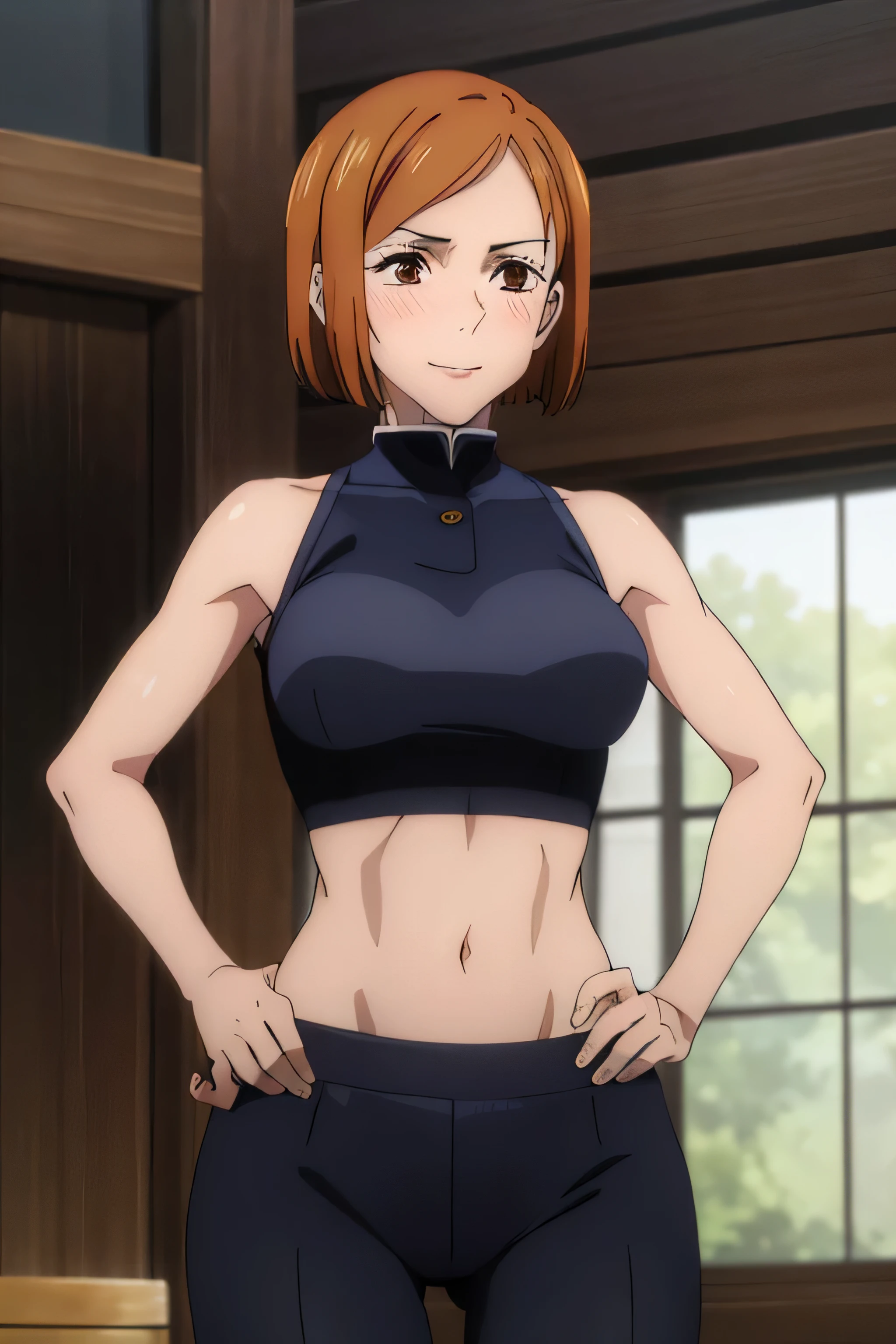 (masterpiece), (best quality), (ultra-detailed), (best illustration), (best shadow), (absurdres), nobarakugisakinova, short hair, orange hair, ((brown eyes)), kugisaki nobara, 1girl, solo, bangs, store background, charming smile, sports bra, medium breasts, Hourglass body, thin waist, very thin waist, (hands on hips), (blushing),