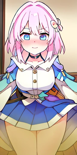 \(\(master piece\)\)、chest、beholderを見る、short hair、\(multicoloured_eyes:1.5\)、\(pink hair:1.8\)、bangs、blue eyes、\(Long Rock:1.4\)、\(ribbon earrings\)、masterpiece、最high quality、high quality、disorganized、shiny skin、colorful、dynamic pose、stunning art、best quality、Super detailed、dynamic angle、very detailed、Reflective hair、proper lighting、Ray tracing、Depth of bounds written、Super detailedな、An illustration、wonderful、fine details、very detailed、\(\(Super detailed\)\)、\(beautiful detailed girl\) 、beautiful detailed shine、intricate details、High resolution、very delicate and beautiful、beautiful detailed eyes、real、HDR、round eyes、detailed facial features、\(An illustration\)、\(beautiful detailed eyes\)、\(\(very detailed顔\)\)、Depth of bounds written、eyebrows visible through hair、frills、beholder、\(Upper body: 1.4\)、clothes reflecting light、\(skin light diffraction: 1.35\)、\(shiny skin: 1.55\)、\(iridescence effect: 1.55\)、clavicle、white shirt、long sleeve、choker、flower、blue camera、blue skirt、青いflower、\(indoor、potted plants: 1.5\)、critical angle、woman stinks、fart、shyness、blush、strain your face、full body photo、Gas comes out of the butt、big breasts