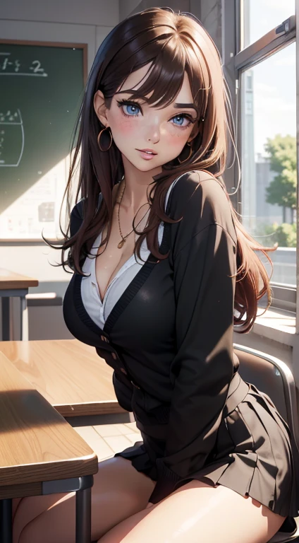 1girl,(Masterpiece: 1.3), (Maximum resolution: 1.2), (Ultra HDTV: 1.2), Cinema light, Ultra HDTV, (Detailed eyes and skin), (Detailed facial features), HDR, 8k resolution, Sharp Focus: 1.2, Perfect style, beautiful face, accurate, anatomically correct, highly detailed beauty face and skin texture, detailed eyes, brown eyes, double eyelids, thin eyebrows, glitter eyeliner: 1.2, natural cheeks, glossy skin, fair skin: 1.2, shiny little necklace and earrings, (glossy lips: 1.4), natural lighting, masterpiece, highly detailed, illustration, game CG, absurdres, high quality, medium breasts, redhead, lightly curled hair, freckles, glossy lips, looking at viewer, lips parted, classroom, white blouse, cleavage, short black pleated miniskirt, school uniform, sitting, (legs crossing:1.5)