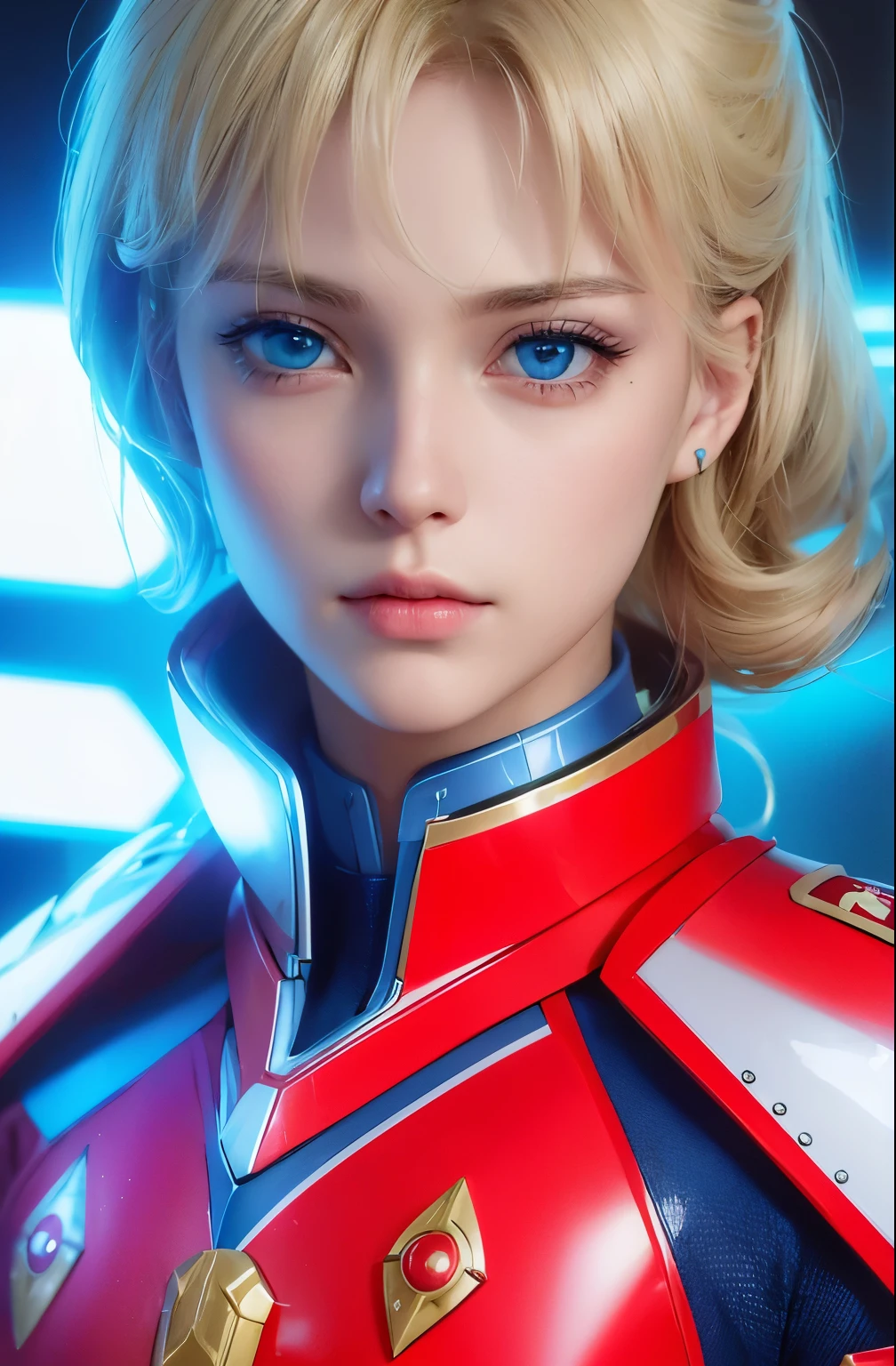 A beautiful woman looking seriously at the camera.Twenty years old. Blonde hair and blue eyes. He holds a light saber in one hand. He wears a red metallic battle uniform, and around his waist is something reminiscent of Kamen Rider's transformation belt. She is in a spaceship hangar. Beautiful double eyes. The bridge of my nose. Well-shaped lips.