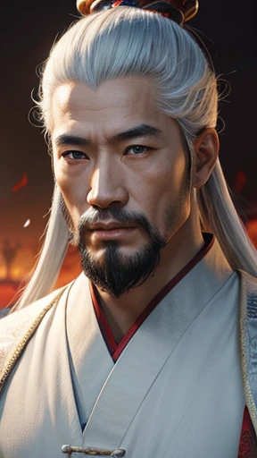 oriental、ancient chinese man wearing white clothes、ancient chinese hairstyle men、three kingdom、multiple warlords、highest quality、masterpiece、ultra high resolution、(realistic:1.4)、game poster、Clear and beautiful image quality、solo