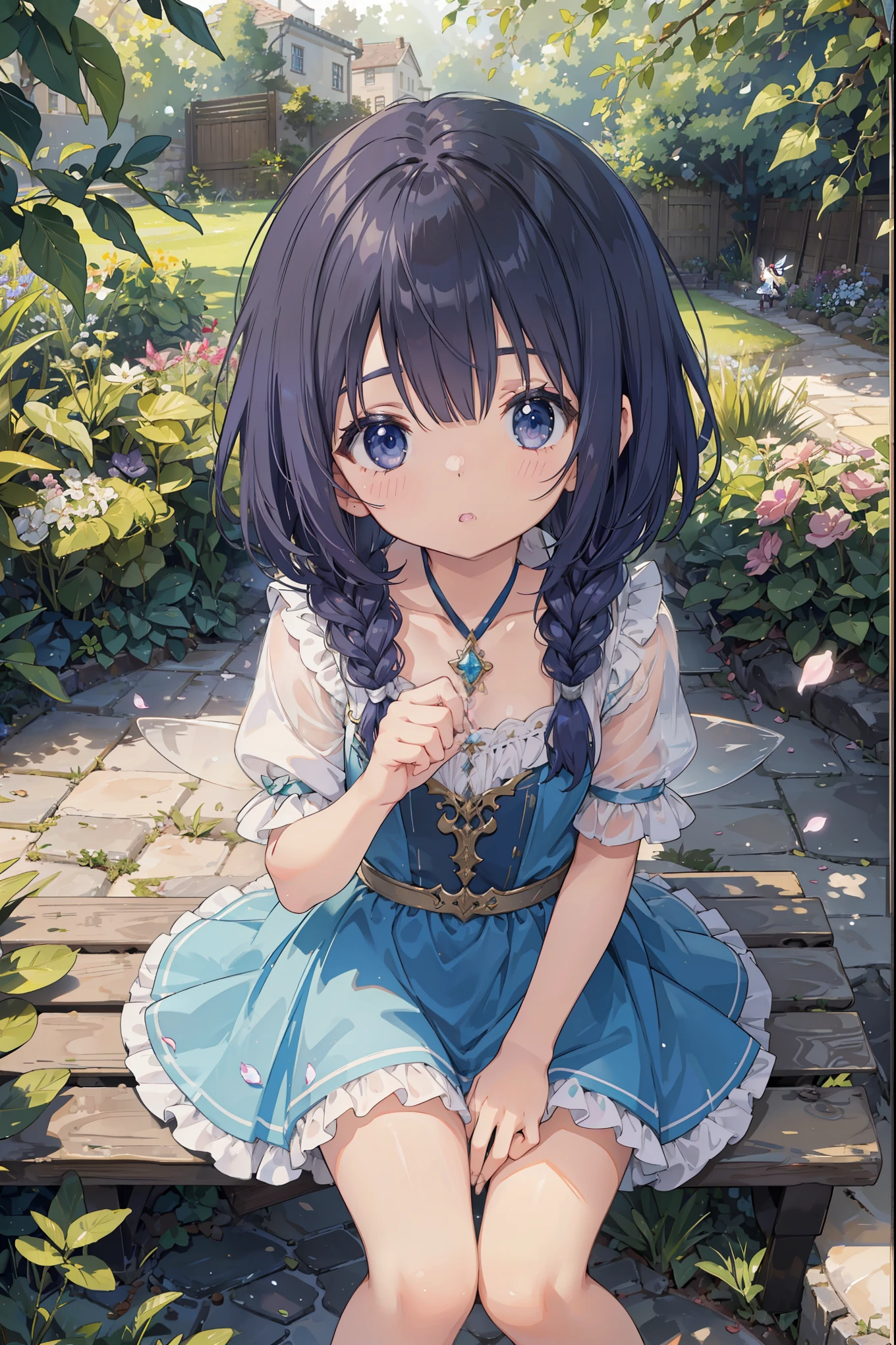 (solo:1.2),Cute girl sitting on a bench in the garden,frilly dirt,look up from above,cobblestone,Dark blue-violet hair,Thin bob cut with one-length braids,(Hair grows from one eye),(dappled sunlight:1.2),Particle-like fantastic light source、Blurry,(Depth of bounds written:1.3),head tilt,:o,(petal),wood,faerie、conversation with fairies、,super dense skin, Best lighting by famous artists, 8K, Guidance on how to perform attractive poses by a famous master、cute illustration.
