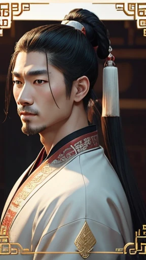 oriental、ancient chinese man wearing white clothes、ancient chinese hairstyle men、three kingdom、multiple warlords、highest quality、masterpiece、ultra high resolution、(realistic:1.4)、game poster、Clear and beautiful image quality、solo