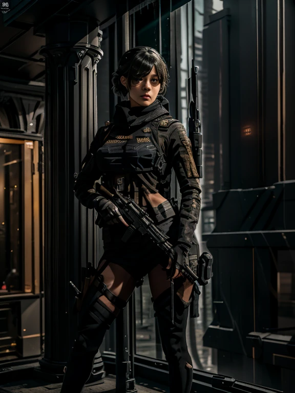 A masterpiece [[gorgeous delicate face]] full body image of a woman wearing high heel with a long sleeve short black posing with her sniper rifle (Barrett .50). She is on top of an old European building. Cinematic lights, high detail, 4k image of uality