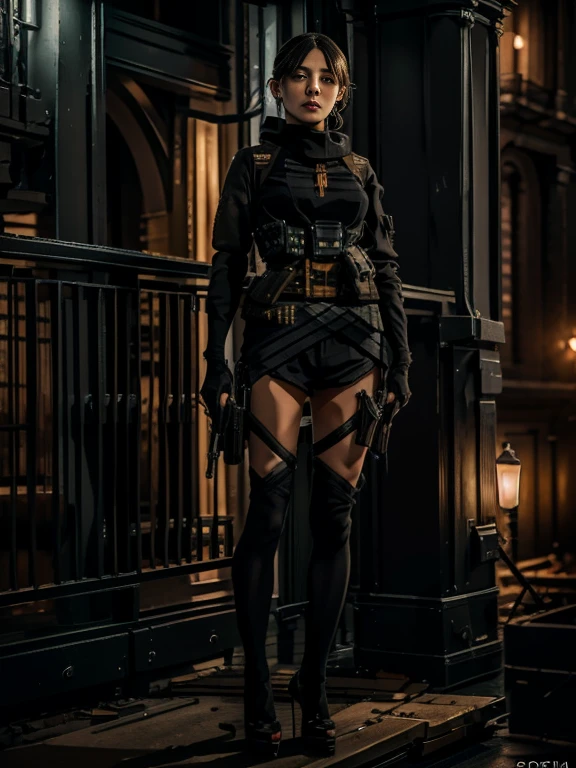 A masterpiece [[gorgeous delicate face]] full body image of a woman wearing high heel with a long sleeve short black posing with her sniper rifle (Barrett .50). She is on top of an old European building. Cinematic lights, high detail, 4k image of uality