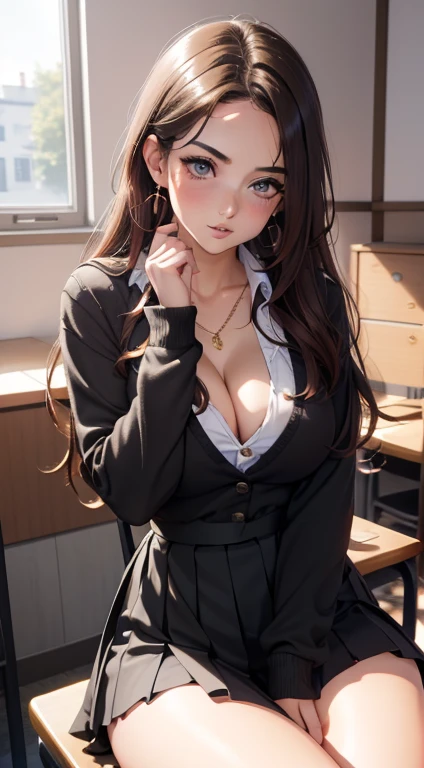 1girl,(Masterpiece: 1.3), (Maximum resolution: 1.2), (Ultra HDTV: 1.2), Cinema light, Ultra HDTV, (Detailed eyes and skin), (Detailed facial features), HDR, 8k resolution, Sharp Focus: 1.2, Perfect style, beautiful face, accurate, anatomically correct, highly detailed beauty face and skin texture, detailed eyes, brown eyes, double eyelids, thin eyebrows, glitter eyeliner: 1.2, natural cheeks, glossy skin, fair skin: 1.2, shiny little necklace and earrings, (glossy lips: 1.4), natural lighting, masterpiece, highly detailed, illustration, game CG, absurdres, high quality, medium breasts, redhead, lightly curled hair, freckles, glossy lips, looking at viewer, lips parted, classroom, white blouse, cleavage, short black pleated miniskirt, school uniform, sitting, (legs crossing:1.5)