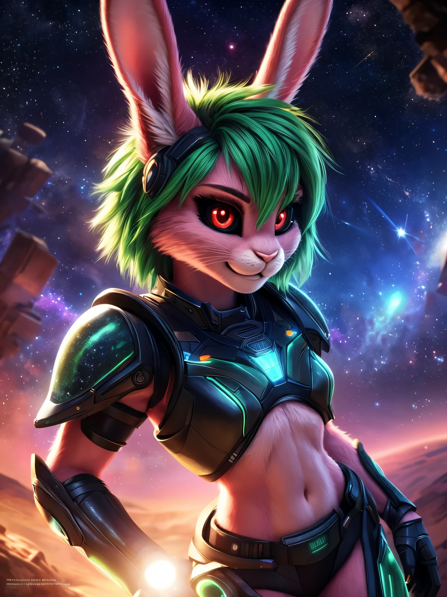 (by pixelsketcher:0.6), (by personalami :0.6),female,rabbit, background, (cinematic lighting:1.1), (perfect focus:1.1), 8k hd, photo, (detailed eyes:1.2),depth of field, bokeh, subsurface scattering, very small breasts, wide ,(Space armor, green futuristic armor, neckline, navel), bright colors, (furry detail:1.3),detailed background,Space, galaxy, space background, stars, constellations , photorealistic, ultra realistic, beautiful sunset,realistic, photorealistic, ultra realistic,smile,(fluffy:1.3), furry, buff, (realistic fur:1.1), (extreme fur detail:1.2),((Green hair, short hair,punk style hair)),((Pink skin, pink fur)),((rabbit tail)),3d pixar style,(((Black Sclera:1.5, red eyes))),Rabbit ears,Pink bunny ears,(((small breasts,very small size))),