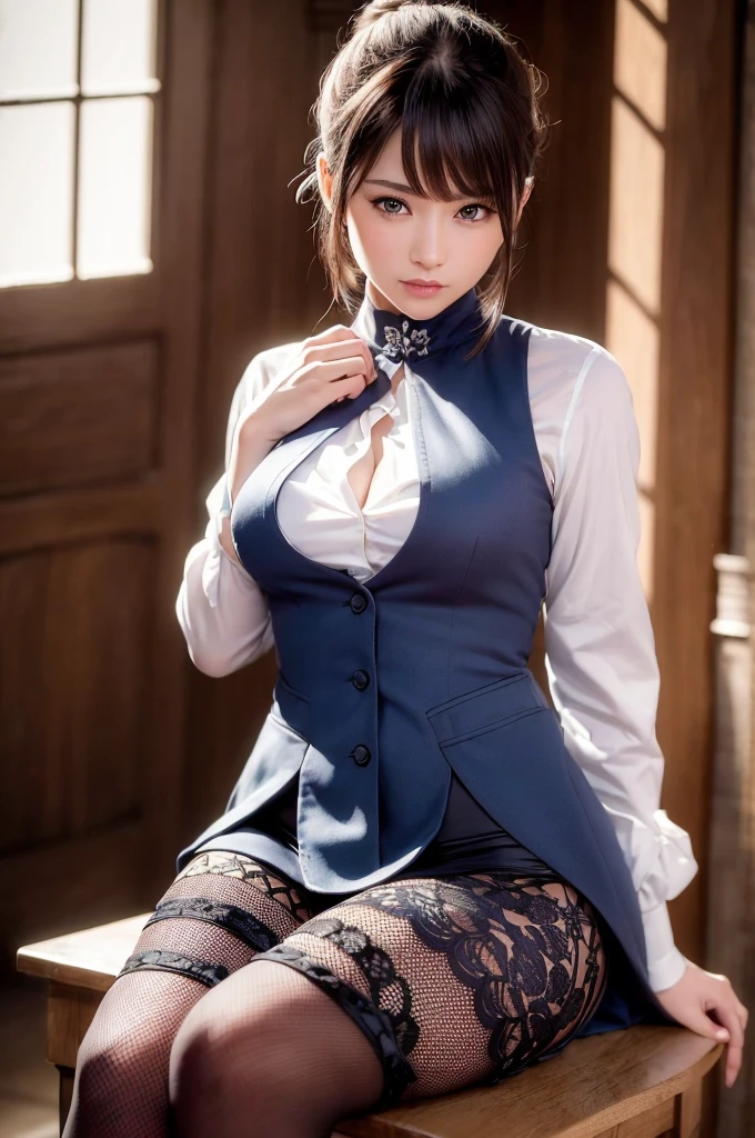 (born, highest quality, masterpiece:1.5), (photo-realistic, intricate details:1.2), ultra high resolution, disorganized, 1 girl, beautiful face, blue eyes, Death Eyes, symmetrical eyes, light shines on your face, blush your nose, short hair, bun hair, black hair tie, CLK, vest, suit, safe for work, short layered hair, wear pantyhose、Shibari, 2b, 2b, 厳格なビジネスsuitを着ている, tied to a chair, sophisticated gravure idol, rope bondage, 厳格なsuitで, ..born,(In 8K、highest quality、masterpiece:1.2)、(delicate details:1.4)、(photorealistic:1.4)、octane rendering、Complex 3D rendering, Super detailed, soft light in the studio (soft light in the studio) (soft light in the studio (soft light in the studio)), rim light, vivid details, super detail, realistic skin texture, details face, beautiful details