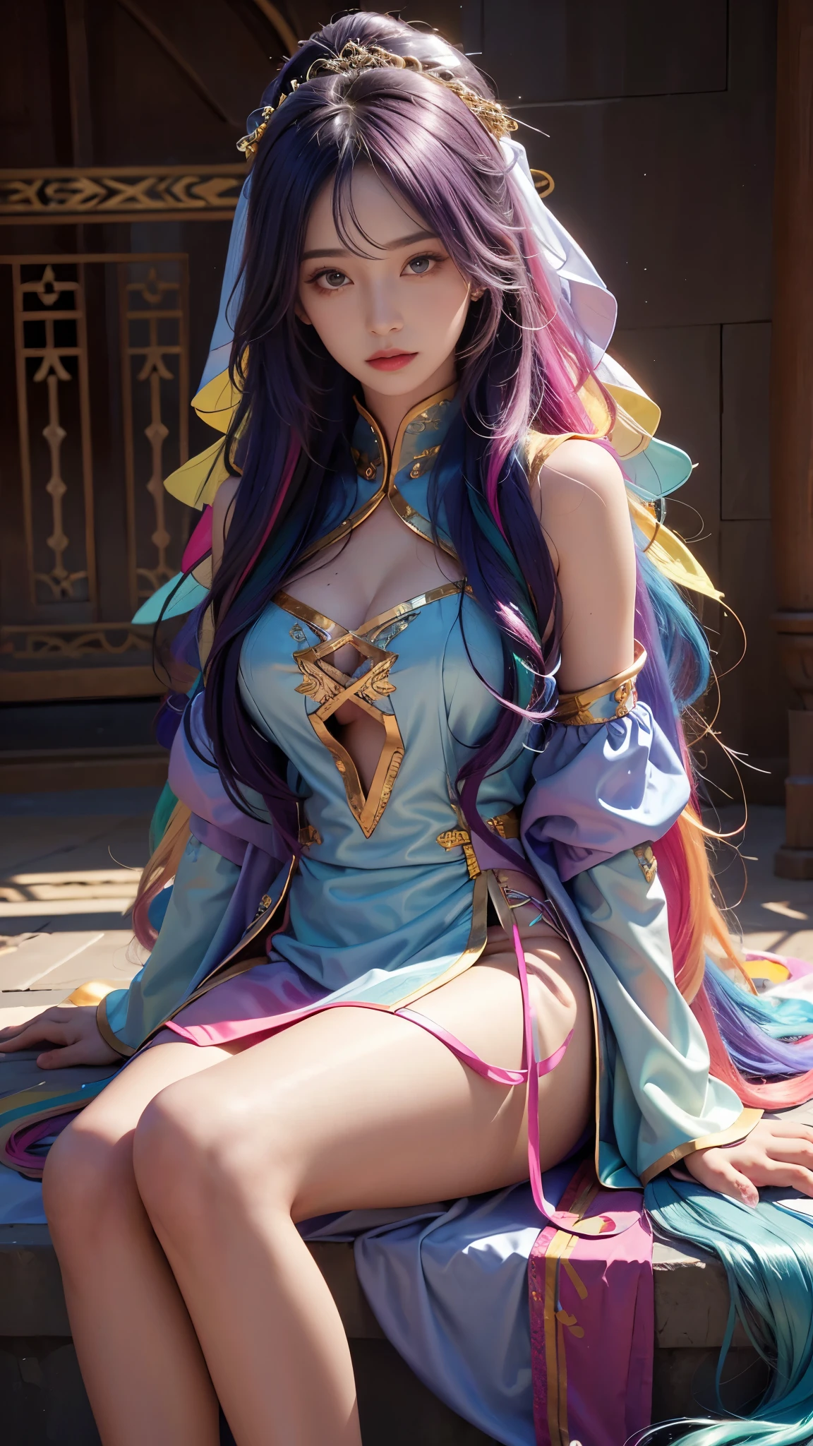 model shoot, (1 girl), long hair, rainbow hair, Islamic warrior, rainbow outfit, laces, shining:1.5, hyper realistic, super detailed, Dynamic shot, masterpiece, scene sharp détails, perfect eyes, perfect skin, perfect hands, sitting,