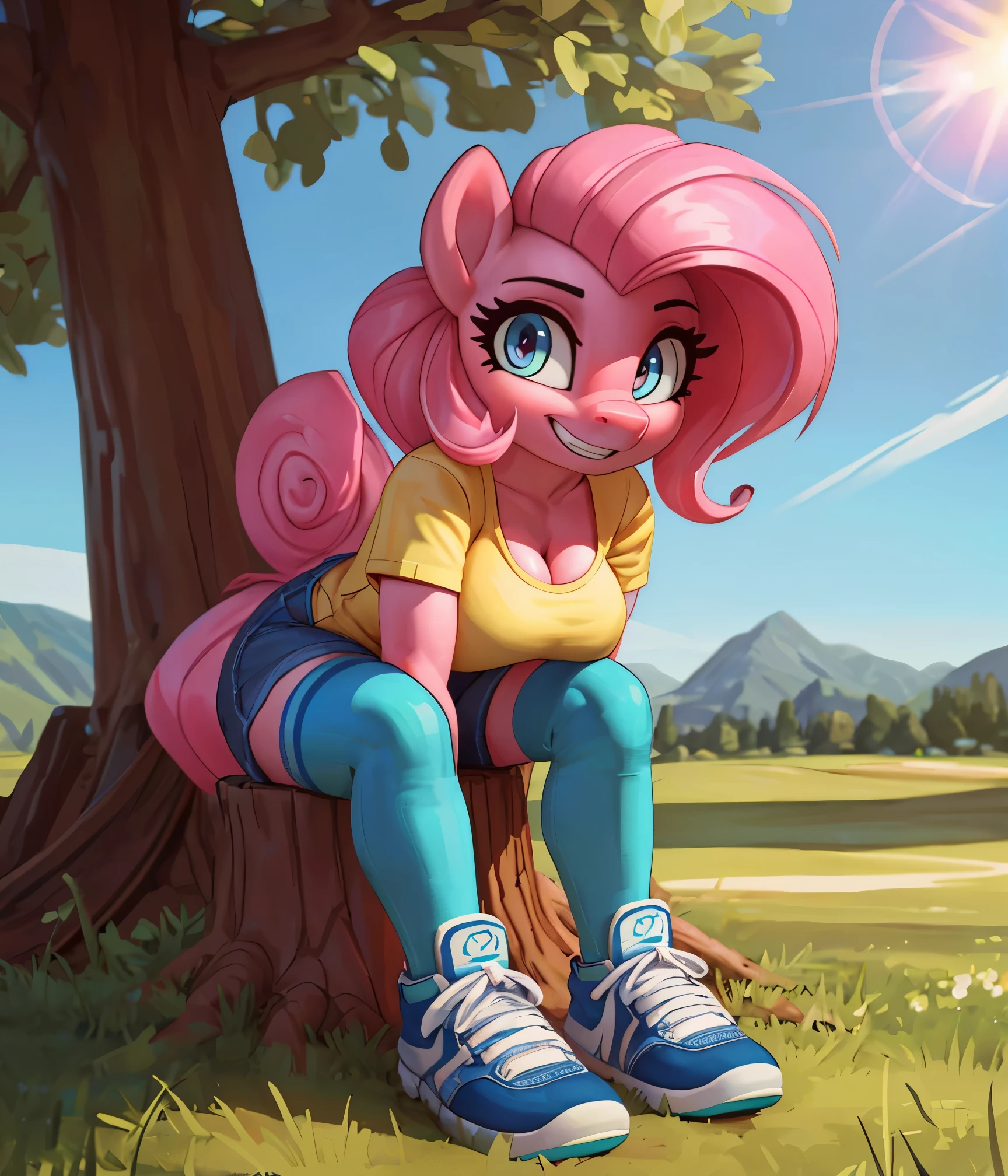 [pinky pie], [Uploaded to e621.net; (siden), (Pixelsketcher), (mayosplash), (wamudraws)], ((masterpiece)), ((HD)), ((high res)), ((solo portrait)), ((full body)), ((pony; anthro)), ((detailed fur)), ((detailed shading)), ((beautiful render art)), ((intricate details)), {anthro horse; (slim female figure), (pink fur), (cute cyan eyes), (long eyelashes), horse snout, (curly hot-pink hair), (curly hot-pink tail), (medium boobs), (curvy hips), (beautiful legs), (excited grin)}, {(yellow tee shirt), (cleavage), (denim short shorts), (blue and yellow stripes thighhighs), (light-blue sneakers)}, {(sitting on tree stump), (bending over), (looking at viewer)}, [background; (grass plains), (clouds in sky), (blue sky), (sun rays), (ambient lighting)]
