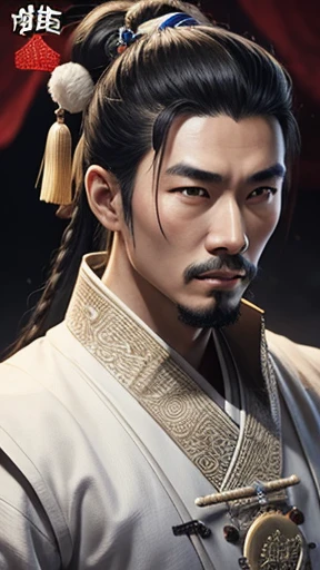 oriental、ancient chinese man wearing white clothes、ancient chinese hairstyle men、three kingdom、multiple warlords、highest quality、masterpiece、ultra high resolution、(realistic:1.4)、game poster、Clear and beautiful image quality、solo