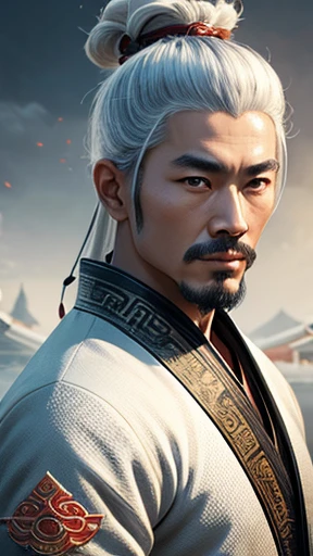 oriental、ancient chinese man wearing white clothes、ancient chinese hairstyle men、three kingdom、multiple warlords、highest quality、masterpiece、ultra high resolution、(realistic:1.4)、game poster、Clear and beautiful image quality、solo