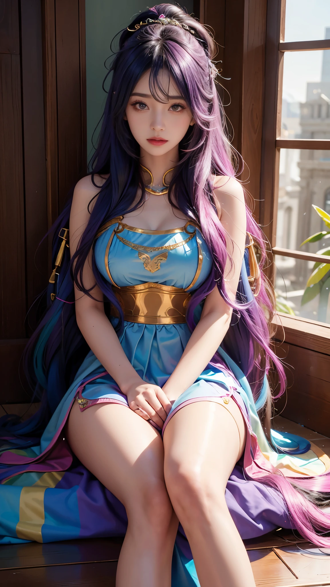 model shoot, (1 girl), long hair, rainbow hair, Islamic warrior, rainbow outfit, laces, shining:1.5, hyper realistic, super detailed, Dynamic shot, masterpiece, scene sharp détails, perfect eyes, perfect skin, perfect hands, sitting,