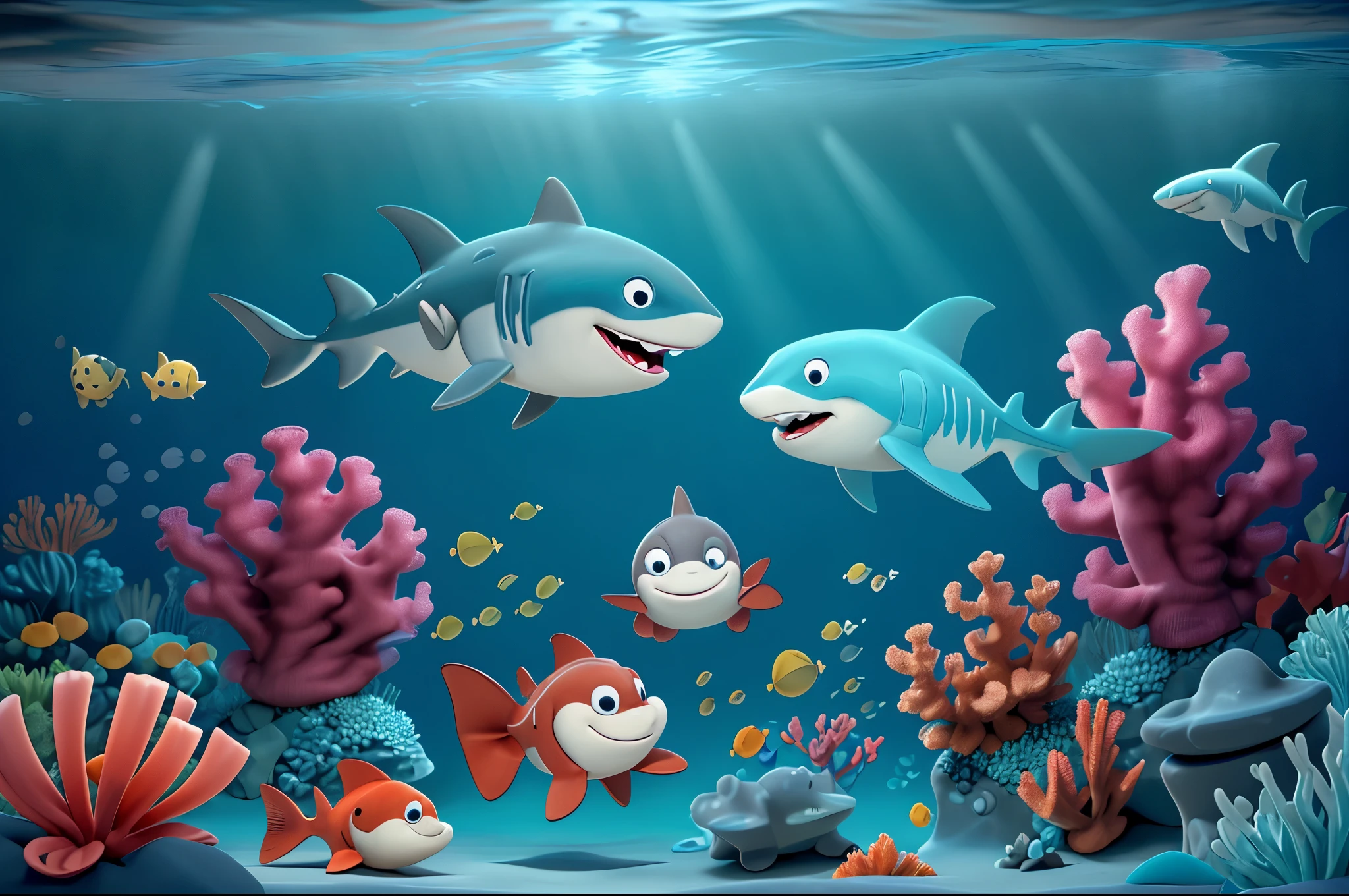 the plot of an animated cartoon depicting a kind cartoon shark in the underwater world, 2 kind cartoon sharks and 1 hammerhead shark have fun communicating, a kind cartoon underwater atmosphere reigns around with its underwater world and details, high detail, high depth of field, high image clarity