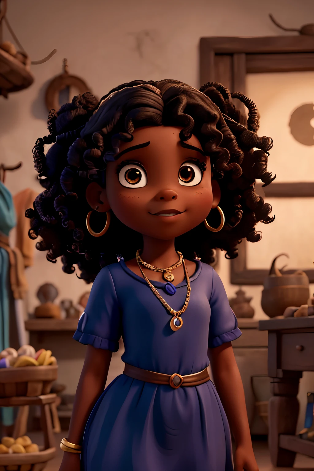 Capa de filme estilo Disney, uma  preta com olhos castanhos, dark skin and curly hair working with jewelry studio in the background