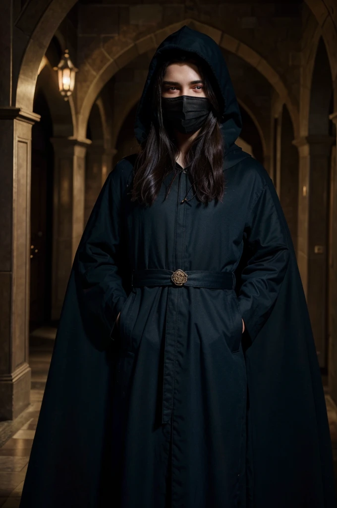 A 16-year-old young wizard with a dark blue robe and cloak, a black mask, and white eyes, standing in the hallway of a castle. (best quality,4k,8k,highres,masterpiece:1.2),ultra-detailed,realistic:1.37, HDR, studio lighting, extreme detail description, professional, vivid colors, bokeh, portraits, dark and mysterious color tone, dramatic lighting