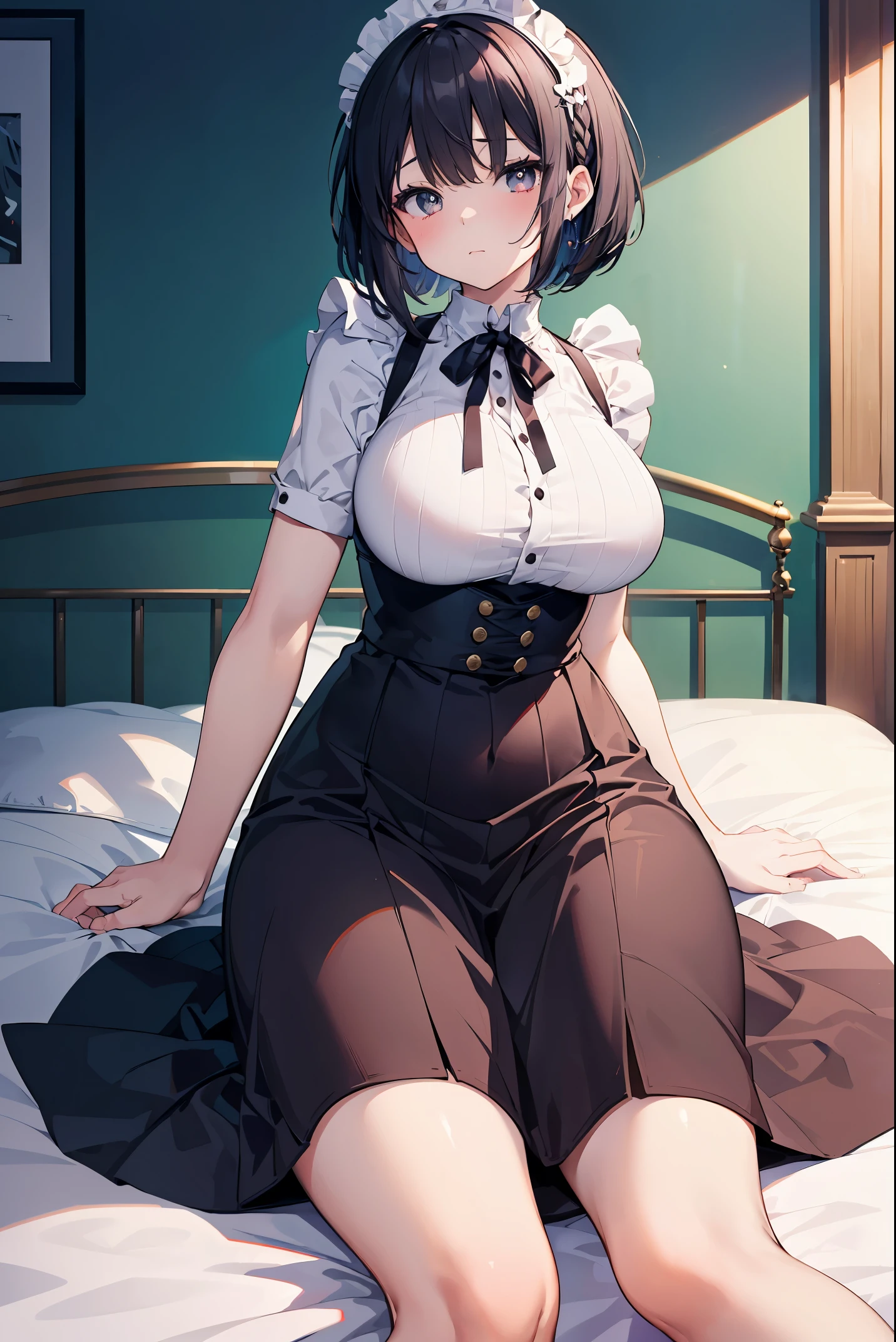 Super high quality by the art god, super detailed, absolute resolution, gwai's style, anime moe art style, best anime 8K konachan wallpaper, Ghibli illustration contest winner, perfect anatomy,break,(sitting on the bedいる女の子の絵を描いてください ),break, surreal little girl, (alone,change,child,13 years old:1.3),All limbs, full finger,Middle school students, Charm before the growth period, (one length bob cut braids), messy hair, Breasts filled with a large amount of fat、huge breasts,Tied waist、trained abdominal muscles、trained big butt, between legs, Big eyes,beautiful detailed black eyes, Well-proportioned iris and pupils, High resolution detailed hair, classical maid clothes, skirt, sexy, sitting on the bed, break,super dense skin, Best lighting by famous artists, 8K, Guidance on how to perform attractive poses by a famous master、cute illustration.