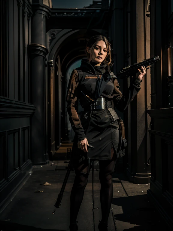 A masterpiece [[gorgeous delicate face]] full body image of a woman wearing high heel with a long sleeve short black dress, posing with her sniper rifle (Barrett .50). She is on top of an old European building. Cinematic lights, high detail, 4k image quality
