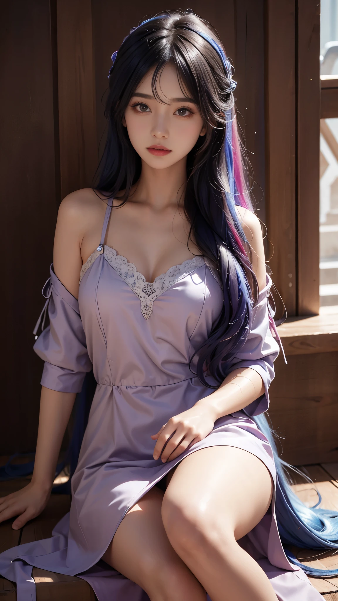 model shoot, (1 girl), long hair, rainbow hair, Islamic warrior, rainbow outfit, laces, shining:1.5, hyper realistic, super detailed, Dynamic shot, masterpiece, scene sharp détails, perfect eyes, perfect skin, perfect hands, sitting,
