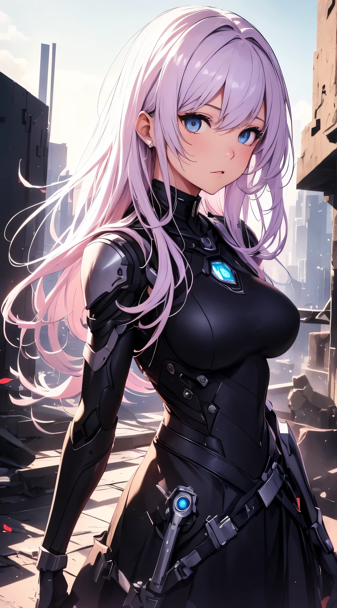 top-quality、Top image quality、masterpiece、girl with((18year old、cyborgs、System Dynamics、Metallic body、Best Bust、Medium bust、Long pink hair、Light blue eyes、Beautiful、deadpan、low angles))hiquality、Beautiful Art、Background with(A desert、Collapsed buildings、natta、nigh sky、stele々)),masutepiece、Elaborate design、visualart、depth of fields、The best lighting、highestdetailed、low angles