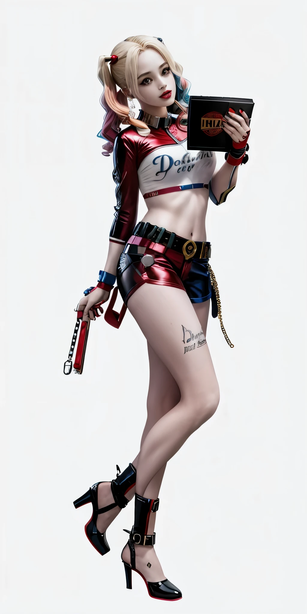 Anime girl signing in on hand, ， Harley Quinn, (best quality, 4K, 8k, high resolution, masterpiece:1.2), queen of harley, Harley Quinn, Portrait of Harley Quinn,, High heel, Super detailed, (actual, realistically, realistically:1.37),, concept artist style, (realistically:1.2), (endless reality), (masterpiece:1.2), (best quality), (Ultra-detailed), (8k, 4K, complicated),