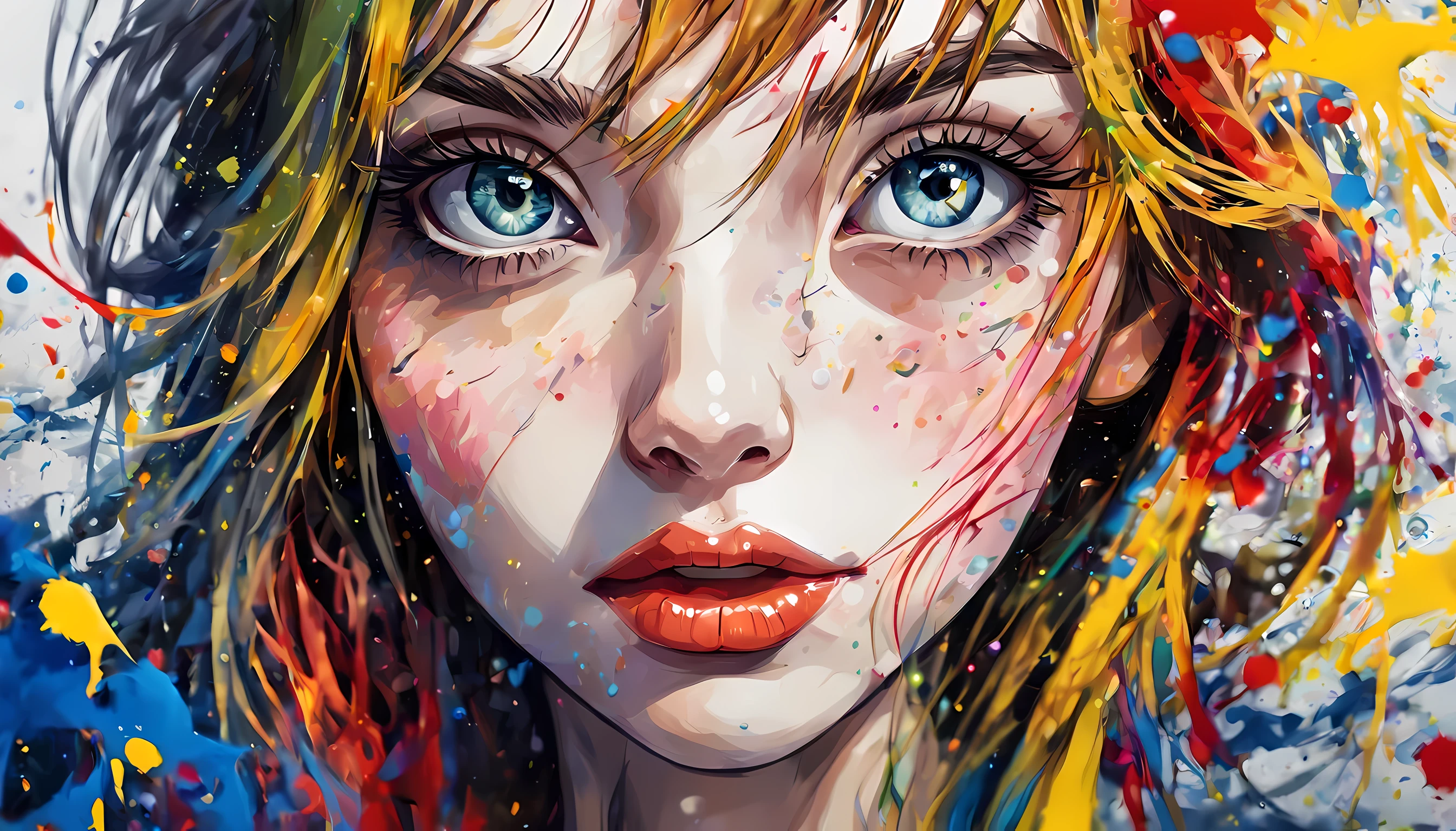 (melhor qualidade,ultra-detalhado,realista:1.37),garota waifu,retrato,sharp focus,cores vivas,lindos olhos detalhados,beautiful detailed lips,long eyelashes,Espirrar,respingos de cor vibrante,artistic,pinceladas,textura semelhante a pintura,expressivo,Espirrar colour style,emocional,alta qualidade