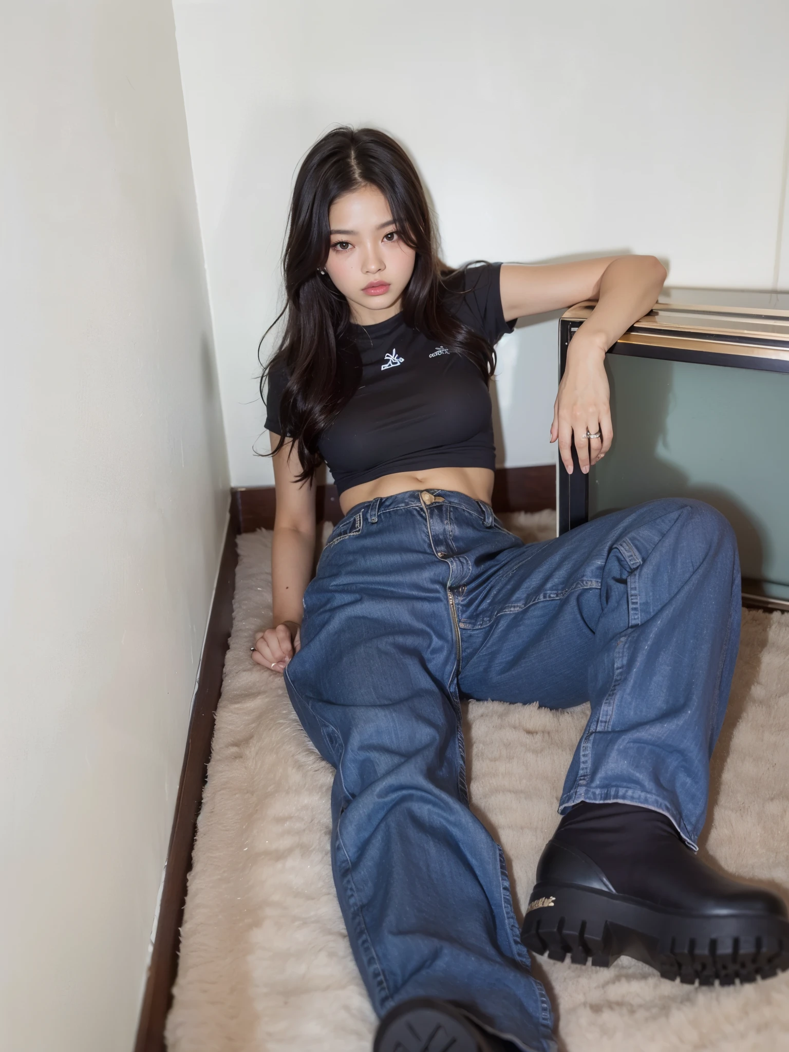 Mujer arafed tirada en el suelo frente a un televisor, jennie rosa negro, jossi de blackpink, baggy vaqueros, Jisoo de Blackpink, jisoo de blackpink, parque roseanne de blackpink, primera ola, gongbi, modelo de moda femenina coreana, vaqueros, Jinyoung Shin, vaqueros and t shirt, con camiseta corta rota, cristal, blackpink jennie, Jennie