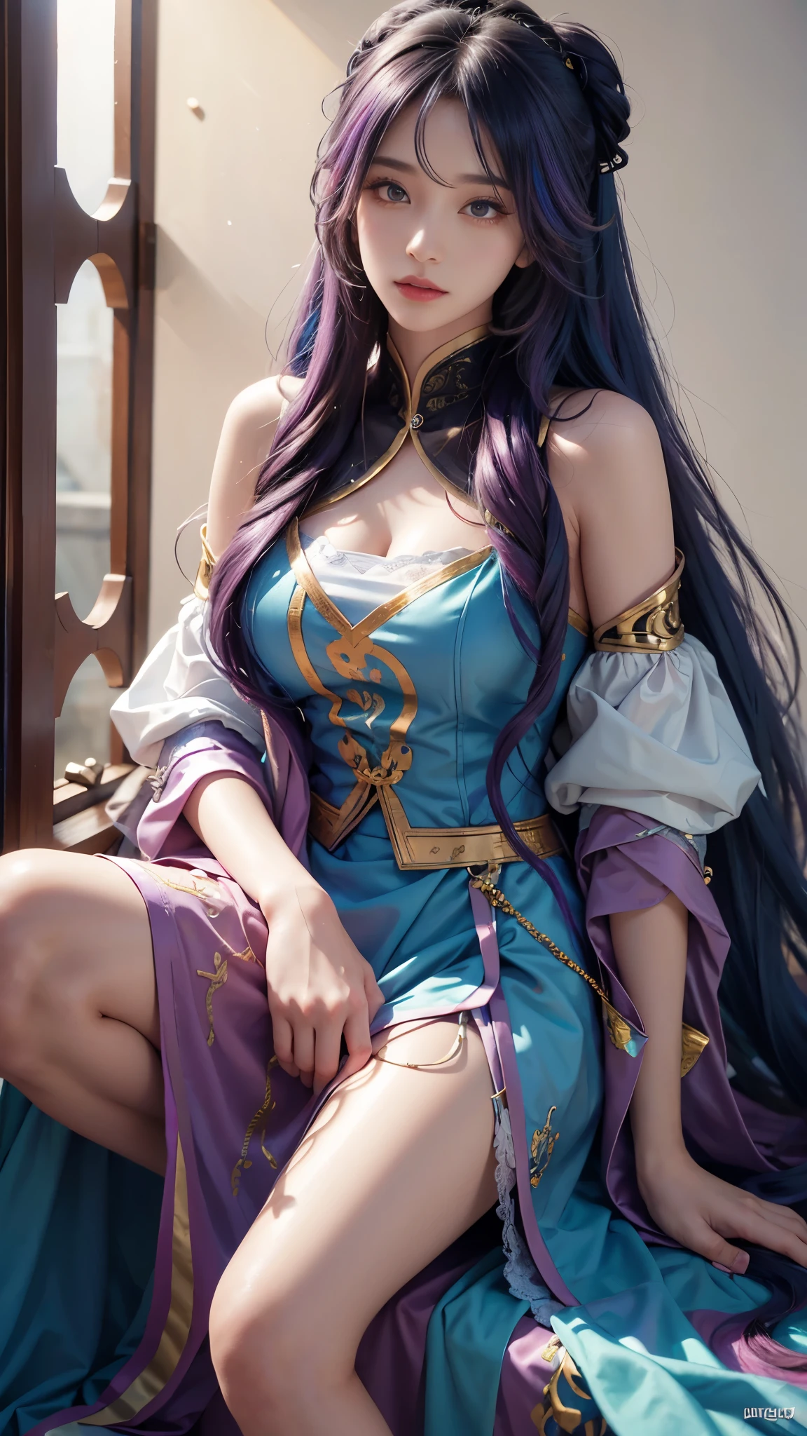 model shoot, (1 girl), long hair, rainbow hair, Islamic warrior, rainbow outfit, laces, shining:1.5, hyper realistic, super detailed, Dynamic shot, masterpiece, scene sharp détails, perfect eyes, perfect skin, perfect hands, sitting,