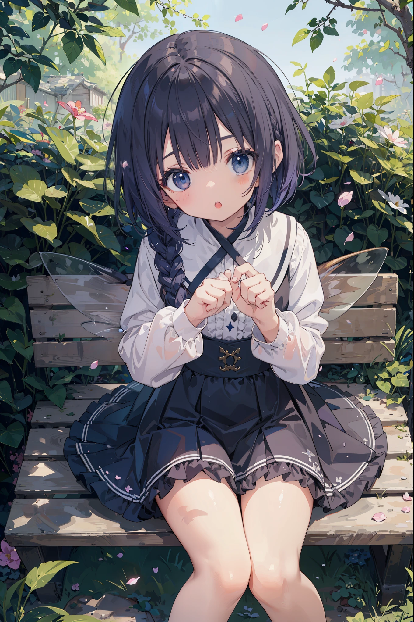 (solo:1.2),Cute girl sitting on a bench in the garden,frilly dirt,look up from above,cobblestone,Dark blue-violet hair,Thin bob cut with one-length braids,(Hair grows from one eye),(dappled sunlight:1.2),Particle-like fantastic light source、Blurry,(Depth of bounds written:1.3),head tilt,:o,(petal),wood,faerie、conversation with fairies、,super dense skin, Best lighting by famous artists, 8K, Guidance on how to perform attractive poses by a famous master、cute illustration.