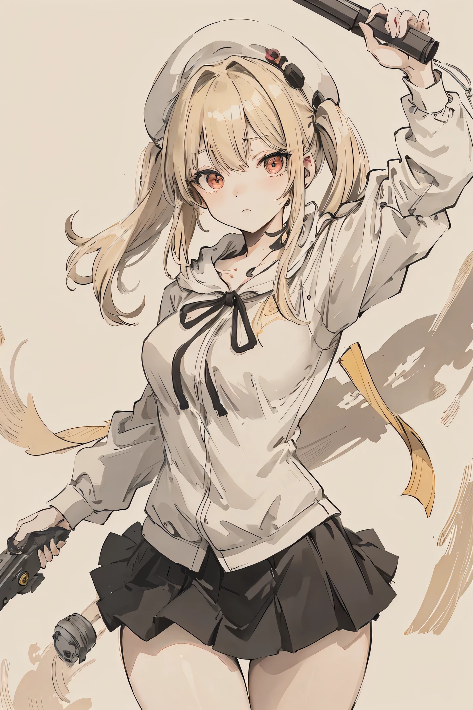 sparrow, a blonde haired girl, wearing a white hoody, medium hair, messy hair, black skirt, yellow hoody, slim body, she have a gun, medium breasts, she close her left eye, shirt ornament, lolippai, white beret, seductive face, beautiful breasts, rounded breasts, red eyes, twintail