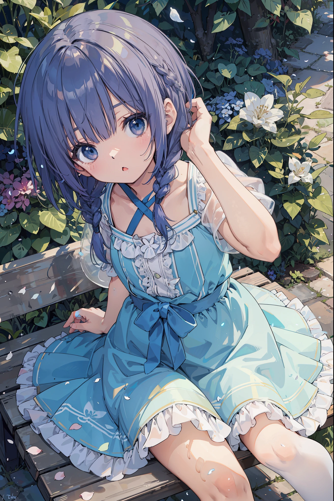 (solo:1.2),Cute girl sitting on a bench in the garden,frilly dirt,look up from above,cobblestone,Dark blue-violet hair,Thin bob cut with one-length braids,(Hair grows from one eye),(dappled sunlight:1.2),Particle-like fantastic light source、Blurry,(Depth of bounds written:1.3),head tilt,:o,(petal),wood,faerie、conversation with fairies、,super dense skin, Best lighting by famous artists, 8K, Guidance on how to perform attractive poses by a famous master、cute illustration.