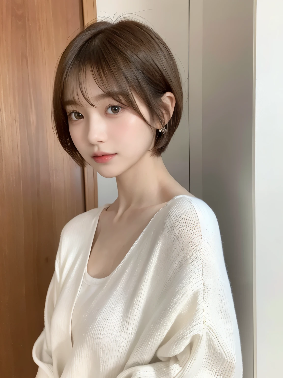 (8K, RAW photo, highest quality, masterpiece: 1.2), Super detailed, super resolution, (genuine, genuine photos: 1.37), portrait, High-definition RAW color photo, professional photos, 非常に詳細で美New, very detailed, 8K wallpapers, amazing details, huge file size, official art, very detailed CG Unity 8K wallpapers, very detailed beautiful girls, very detailed faces, very detailed目, very detailed肌, very detailed指, very small nose, very detailed口, perfect anatomy, detailed background, fine clothes, one girl, (20:1.2), 30 generations, cute Girl, realistic body, small, white skin, glowing skin, dark orange hair, short hair, (dull bangs: 1.2), cute, like々New, かわいらNew顔, realistic face, delicate eyes, Sale Stylish winter clothes)), ((superior)), ((((short hair)))), earrings, Don't look at the camera, cowboy shot,contrasting, dynamic lighting, white wall、Taken in front of the white door、(窓のあるwhite wallの部屋)、profile、various poses