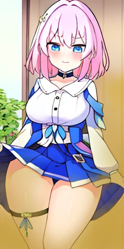 \(\(master piece\)\)、chest、beholderを見る、short hair、\(multicoloured_eyes:1.5\)、\(pink hair:1.8\)、bangs、blue eyes、\(Long Rock:1.4\)、\(ribbon earrings\)、masterpiece、最high quality、high quality、disorganized、shiny skin、colorful、dynamic pose、stunning art、best quality、Super detailed、dynamic angle、very detailed、Reflective hair、proper lighting、Ray tracing、Depth of bounds written、Super detailedな、An illustration、wonderful、fine details、​​very detailed、\(\(Super detailed\)\)、\(beautiful detailed girl\) 、beautiful detailed shine、intricate details、High resolution、very delicate and beautiful、beautiful detailed eyes、real、HDR、round eyes、detailed facial features、\(An illustration\)、\(beautiful detailed eyes\)、\(\(very detailed顔\)\)、Depth of bounds written、eyebrows visible through hair、frills、beholder、\(Upper body: 1.4\)、clothes reflecting light、\(skin light diffraction: 1.35\)、\(shiny skin: 1.55\)、\(iridescence effect: 1.55\)、clavicle、white shirt、long sleeve、choker、flower、blue camera、blue skirt、青いflower、\(indoor、potted plants: 1.5\)、critical angle、woman stinks、fart、shyness、blush、strain your face、full body photo、Gas comes out of the butt、big breasts