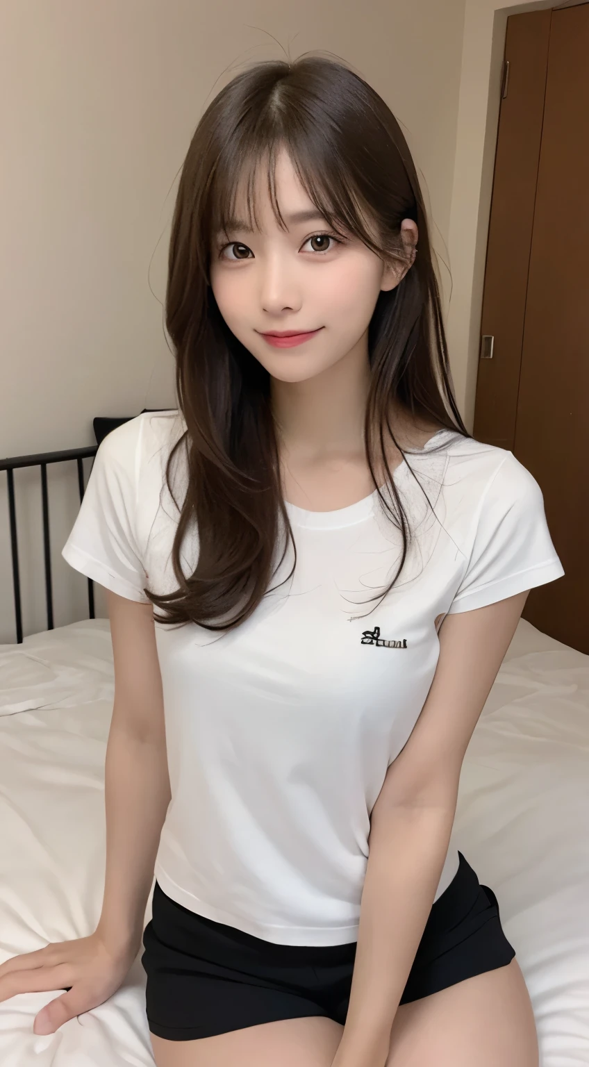 masutepiece, Best Quality, Illustration, Ultra-detailed, finely detail, hight resolution, 8K Wallpaper, Perfect dynamic composition, Beautiful detailed eyes,Medium Hair, Natural Color Lip, Smile, 20 years girl, front facing, far shot, Random Poses, bedroom, white tee with shorts, ((body facing viewer)), ((looking at viewer)), ((full body)), ((far shot)), sitting on the bed, ((front view)), ((face viewer))