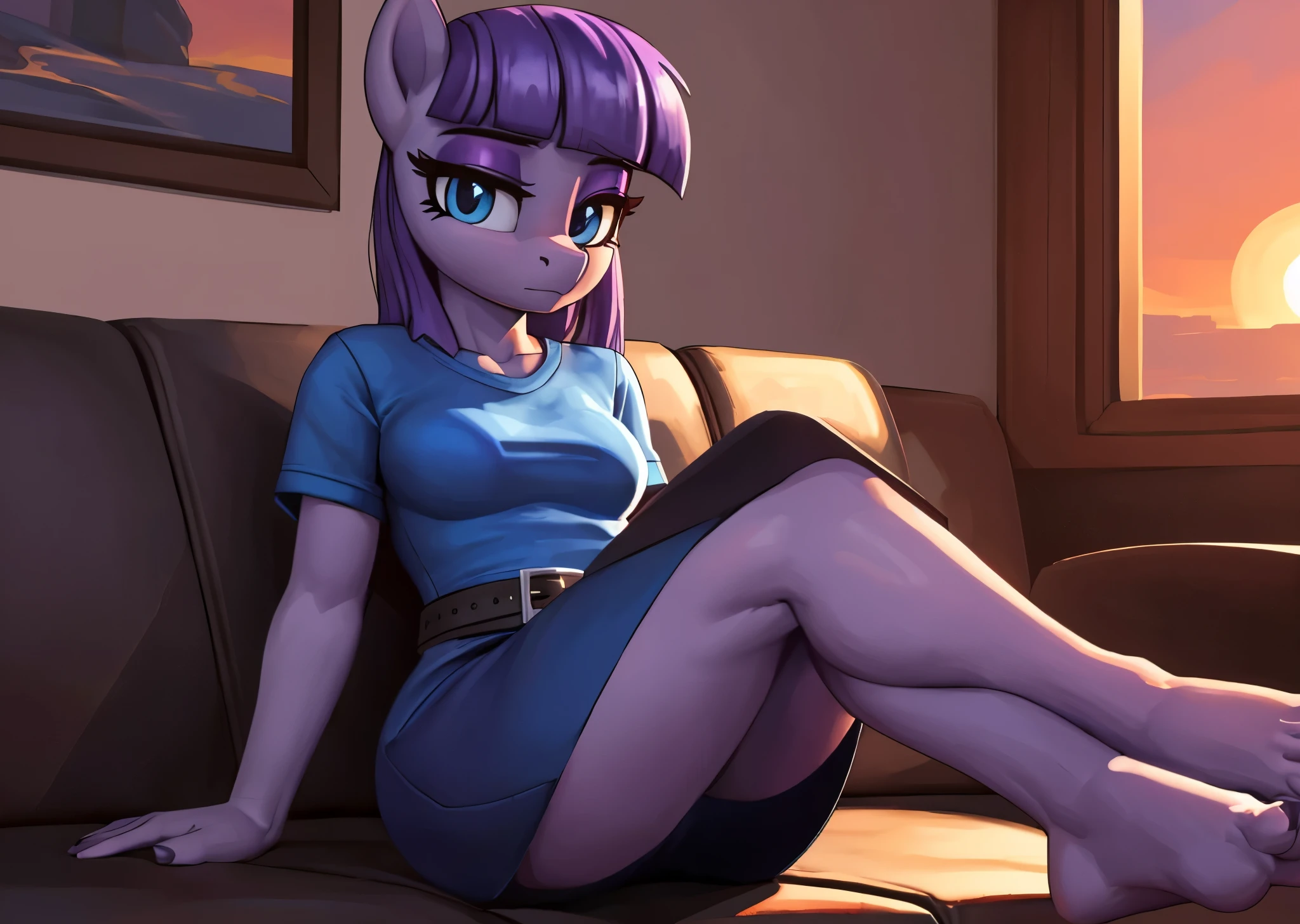 [maud pie], [Uploaded to e621.net; (Pixelsketcher), (mayosplash), (wamudraws)], [uploaded to twitter.com; (@senip)], ((masterpiece)), ((HD)), ((high res)), ((solo portrait)), ((full body)), ((front view)), ((feet visible)), ((pony; anthro horse)), ((detailed fur)), ((detailed shading)), ((beautiful render art)), {anthro female; (slim figure), grey fur, horse snout, (long straight purple hair), (straight bang), (long purple tail), (cute light-blue eyes), (long eyelashes), (purple eyeshadow), (curvy hips), (thick thighs), (beautiful legs), (beautiful feet), (humanoid feet), (bored expression)}, {(tight u-neck blue dress), (short sleeves), (short tight blue pencil skirt), (purple panties visible), (black waist belt with silver buckle)}, {(sitting on couch), (crossed legs), (wiggling toes), (looking at viewer)}, [background; (living room), (window), (sunset), (orange sky), (sun rays), (ambient lighting)]