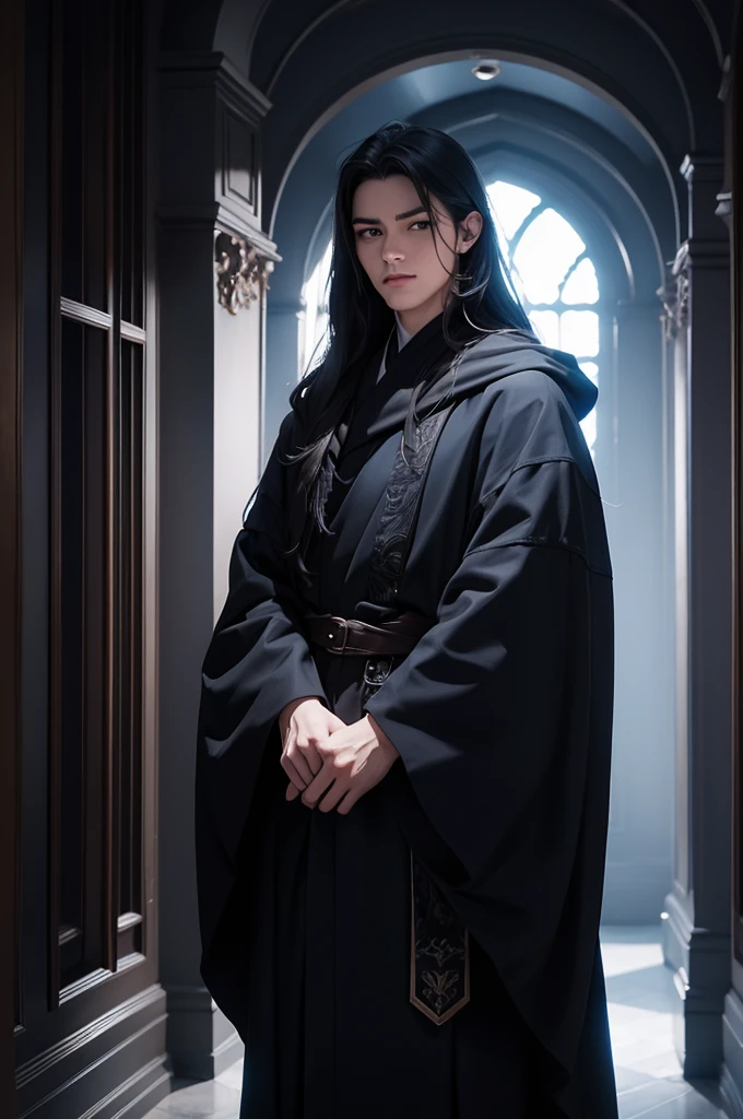 A 16-year-old young wizard, dark blue robe, cloak, black mask, white eyes, standing hallway castle, (best quality,4k,8k,highres,masterpiece:1.2), ultra-detailed, realistic:1.37, portraits, vivid colors, sharp focus, studio lighting, blue color scheme, mystical lighting
