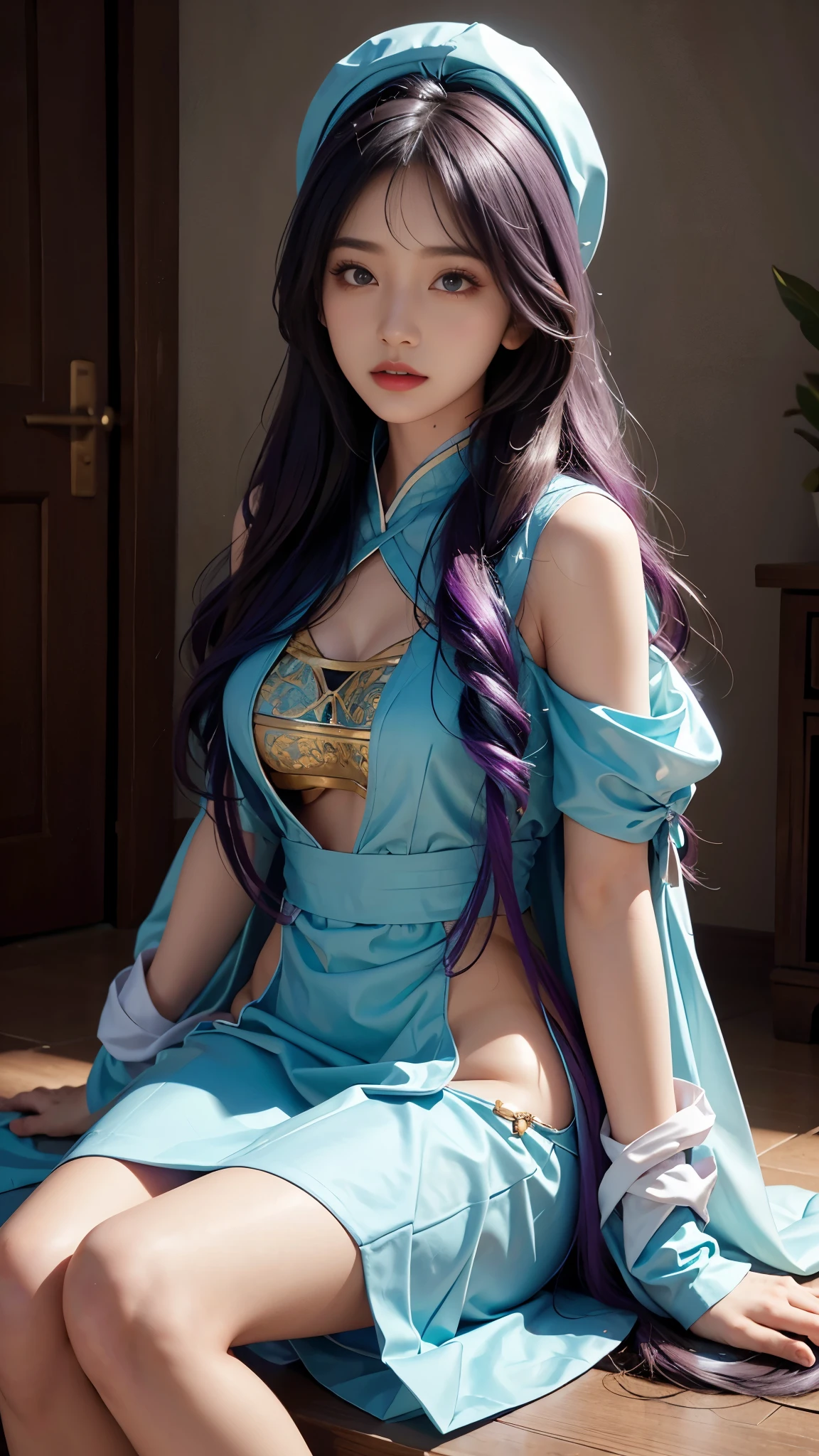 model shoot, (1 girl), long hair, rainbow hair, Islamic warrior, rainbow outfit, laces, shining:1.5, hyper realistic, super detailed, Dynamic shot, masterpiece, scene sharp détails, perfect eyes, perfect skin, perfect hands, sitting,