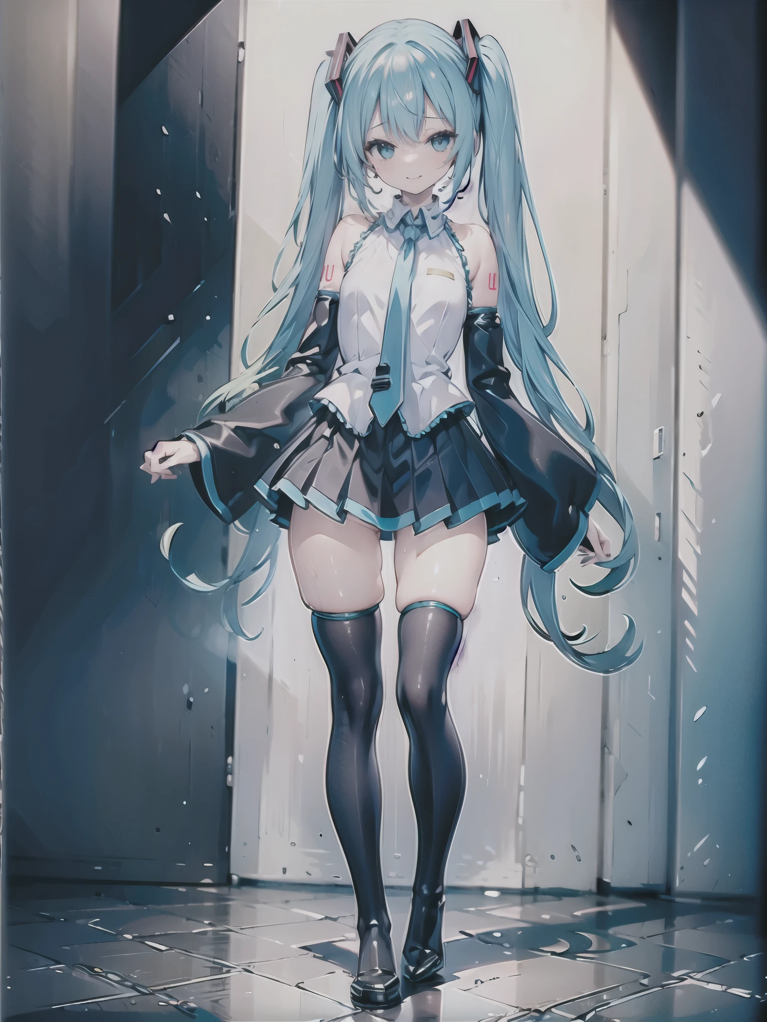 (((best quality, masterpiece, high resolution, ultra detailed:1.5))), 1 girl, ((hatsune miku)),  (12 years old, cute girl, pretty face), (full body, standing:1.9),