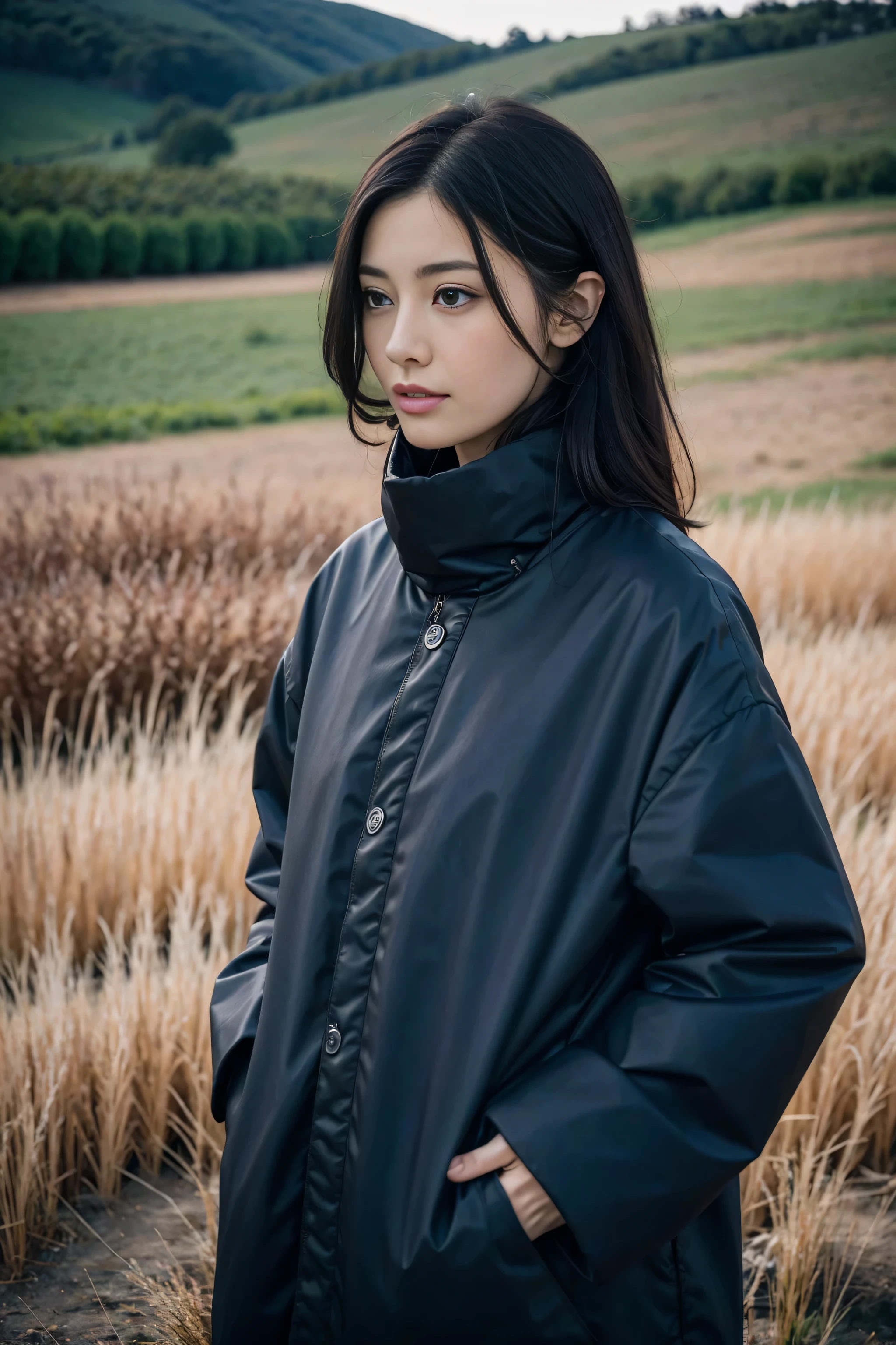 8k, best quality, masterpiece, actual, Super detailed, photo actual, Quality improvement,
Photo of a girl wearing a scarf standing in a field, Dark brooding designer style, many qualities, Photo display, calm face, jagged edges, navy, natural beauty, close up