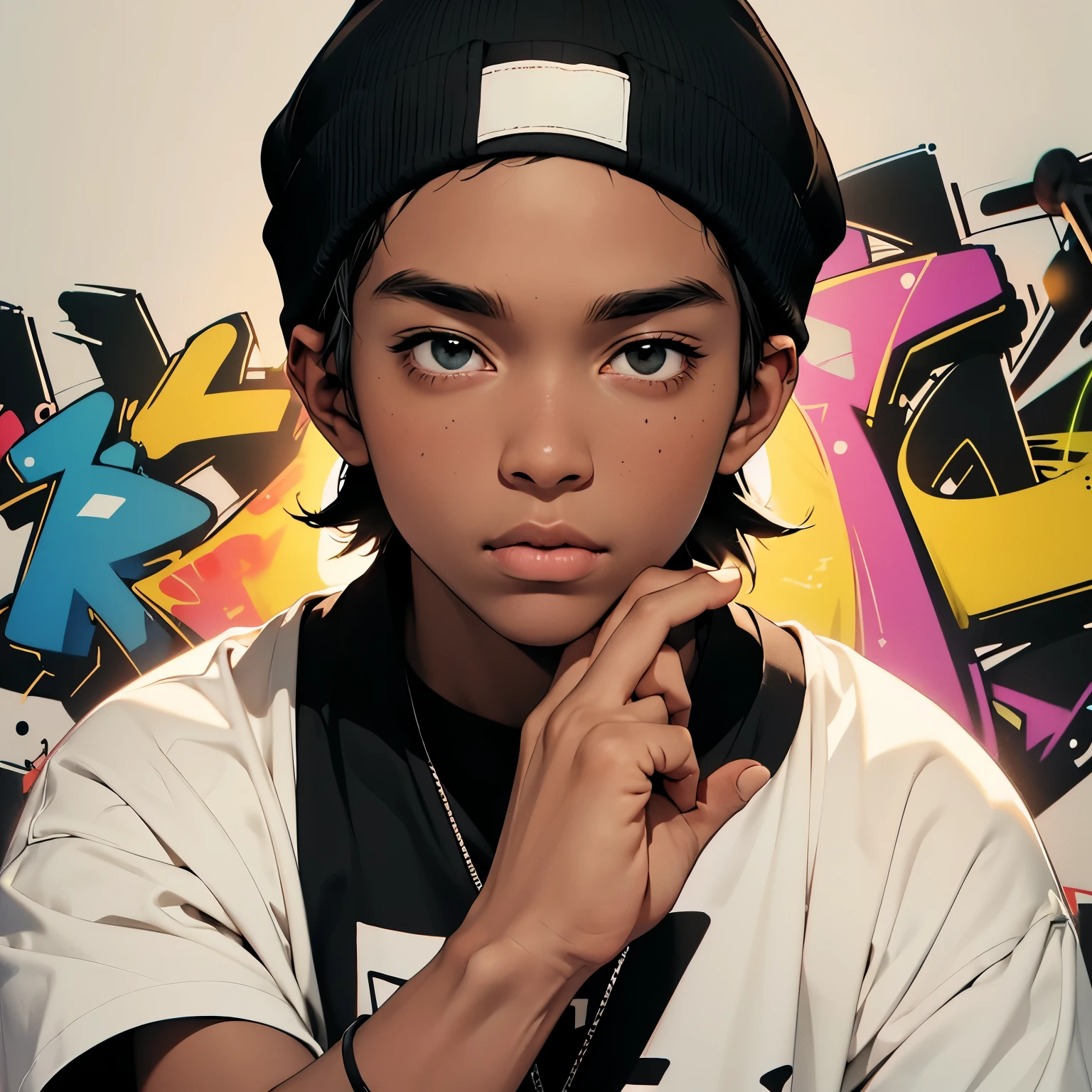 (best quality,ultra-detailed,highres,:1.2),colorful lighting, portrait, MALE rapper, white complexion, black beanie cap, hip Hop black t-shirt, black or beige knees-height shorts, faceless, holding a microphone, confident posture, dynamic composition, vibrant colors, graffiti-inspired background, cartoon-like style, urban art.