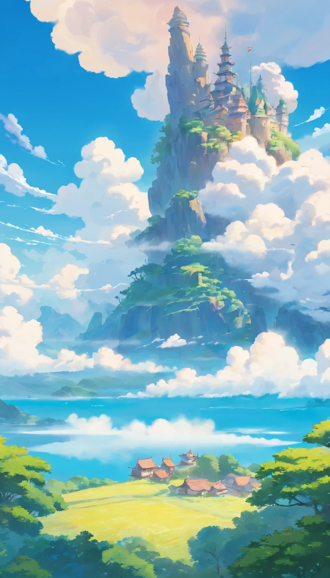 surrounded by clouds,Beautiful and smooth graphics,(no human),Carefully drawn landscape,Light clouds float on the surface of the water,It's like a fairyland。Hazy light penetrates the clouds,Stunning light and shadow reflection effects。In the photo there is a sea of clouds,The looming scenery is mesmerizing。