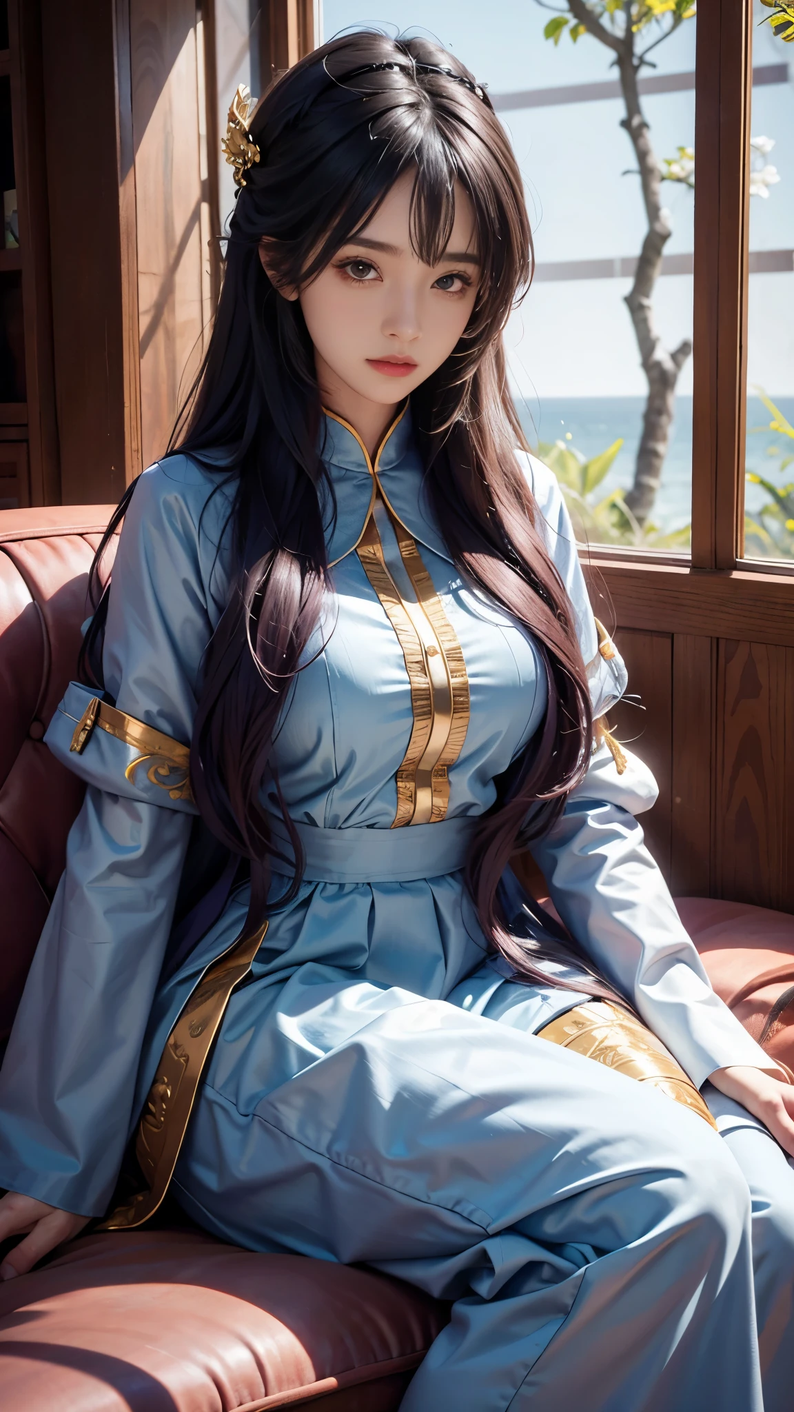 model shoot, (1 girl), long hair, rainbow hair, Islamic warrior, rainbow outfit, laces, shining:1.5, hyper realistic, super detailed, Dynamic shot, masterpiece, scene sharp détails, perfect eyes, perfect skin, perfect hands, sitting,