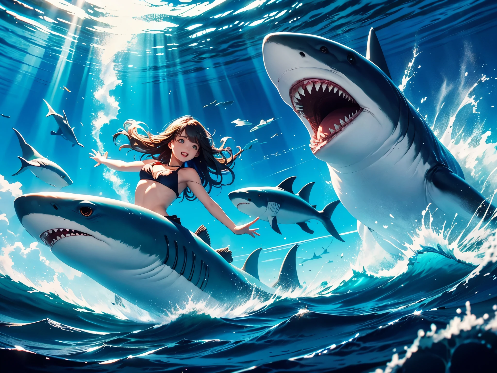(a girl playing with sharks,ocean waves,blue coral reef,deserted island beach),[illustration,photorealistic],dazzling sunlight,crystal clear water,sparkling sand,breezy palm trees, vibrant marine life,endless horizon,adventure,wild,summer vibes,colorful fishes,shimmering reflections, 4k resolution, high definition, masterfully detailed sharks, joyful laughter, fearlessness