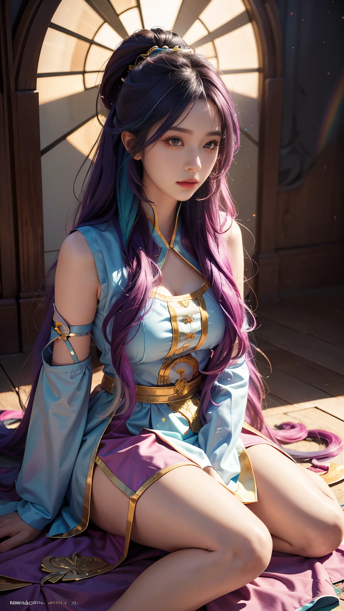 model shoot, (1 girl), long hair, rainbow hair, Islamic warrior, rainbow outfit, laces, shining:1.5, hyper realistic, super detailed, Dynamic shot, masterpiece, scene sharp détails, perfect eyes, perfect skin, perfect hands, sitting,