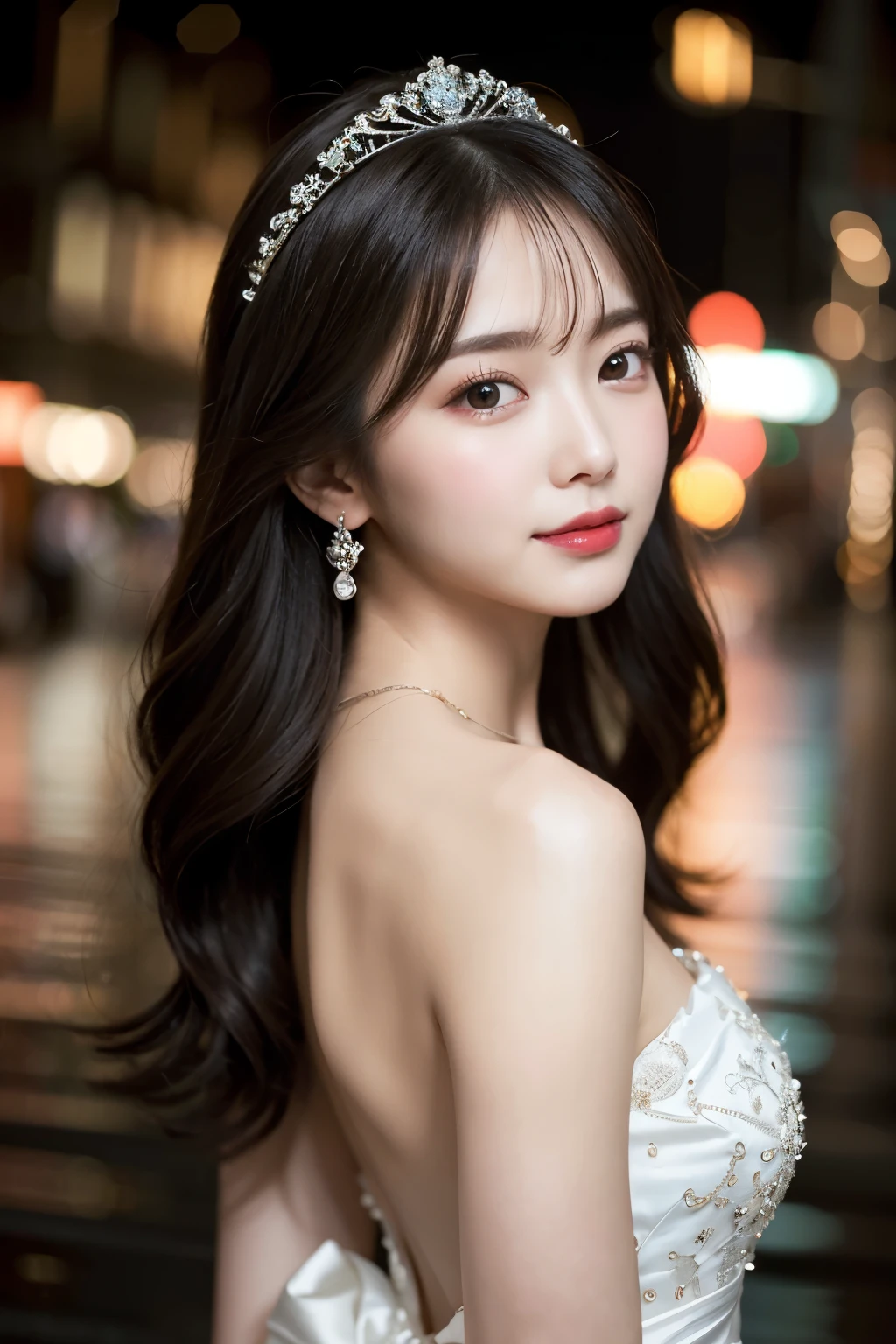 (highest quality、8K, yes、32K、master piece、hyper hd:1.2)、random pose、(very delicate and beautiful work)、(master piece)、one girl、Elegant wedding dress with attention to detail、tiara crown、very detailed、fascinating look、beautiful and clear eyes、green pupils、delicate necklace、Delicate earrings、Simple blur background、extreme details、beautiful feces、attractive、Ultra-fine painting、delicate face、delicate figure、thin clavicle、beautiful lips、Soft back view、mix 4、(8K、Raw photo、highest quality、master piece:1.2), (realistic, Photoreal:1.37),1 girl,cute,cityscape, night, rain, Moist, professional lighting, photon mapping, radio city, Physically based rendering, above the waist、