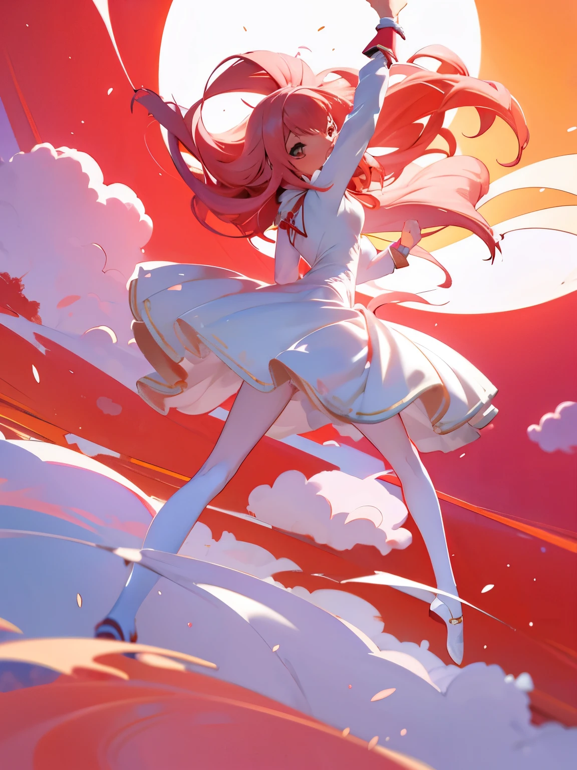 Anime,bailando en la luna,espacio exterior,leotardo rojo,medias blancas,pelo largo ondulado color rosa,jovencita,Maximum quality ,super detallado,al fondo la tierra