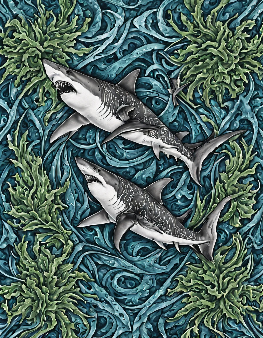 Tattoo design, 2 sharks framed by intertwined seaweed, Smooth Lines. complex weave, high detail, super sharpness