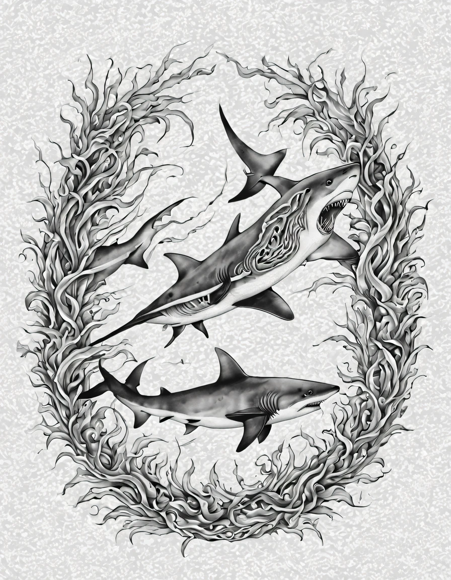 Tattoo design, 2 sharks framed by intertwined seaweed, Smooth Lines. complex weave, high detail, super sharpness